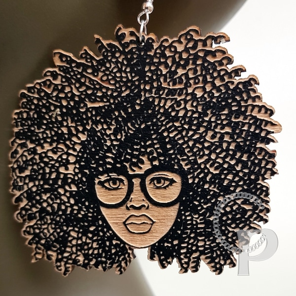 African woman Afro silhouette wooden engraved natural hair coils glasses earrings black