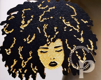 African woman Afro silhouette wooden engraved natural hair earrings black and gold