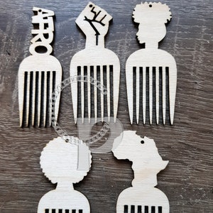 10 púas afro de madera sencillas con formas de cabello natural para niñas, joyería, pendientes, espacios en blanco, artesanías cortadas con láser, silueta de peine afro, envío gratuito