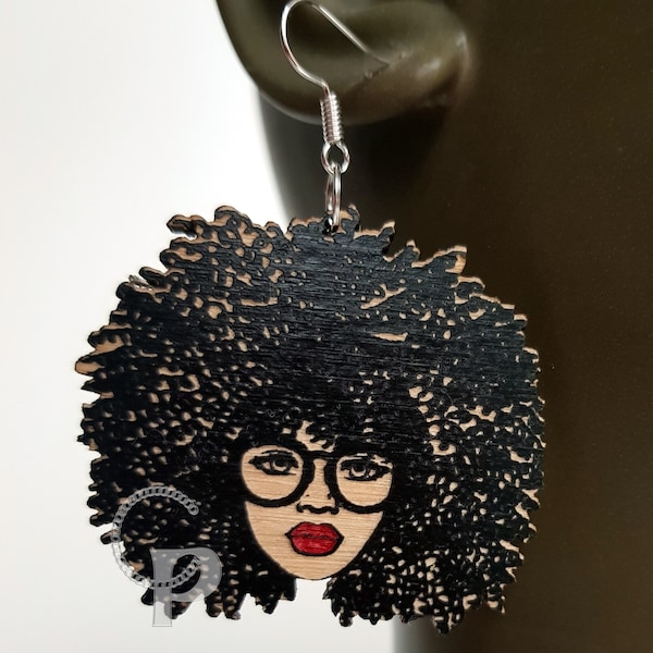 African woman Afro silhouette wooden engraved natural hair coils glasses earrings black with red lips