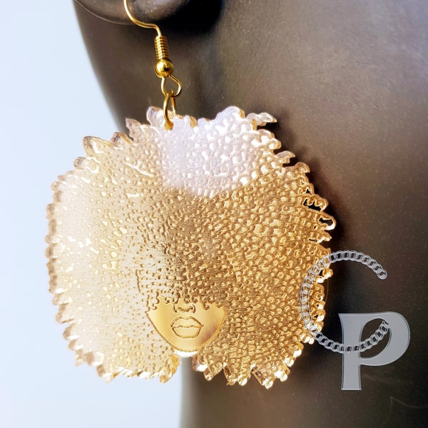 African earrings gold mirror Afro silhouette woman acrylic engraved natural hair coils glasses