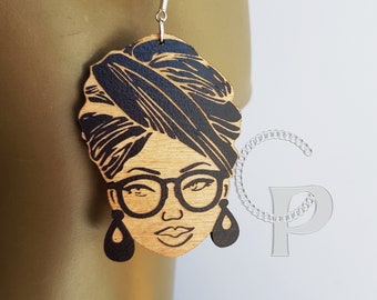 Wood African earrings Afrocentric natural hair turbanista silhouette head wrap black