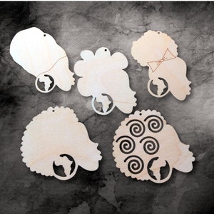 10 effen houten Afrikaans meisje natuurlijk haar headwrap vormen voor sieraden oorbellen maken lasergesneden ambachten Afro bladerdeeg silhouet onafgewerkte basis