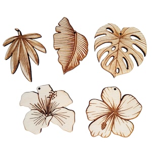 10 forme in legno per realizzare orecchini e gioielli artigianali, incisi a tema tropicale, monstera, foglia di palma, ibisco
