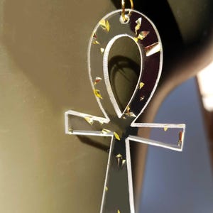 Ankh earrings in clear acrylic with  gold flakes , African Symbol Egyptian Cross ethnic jewelry