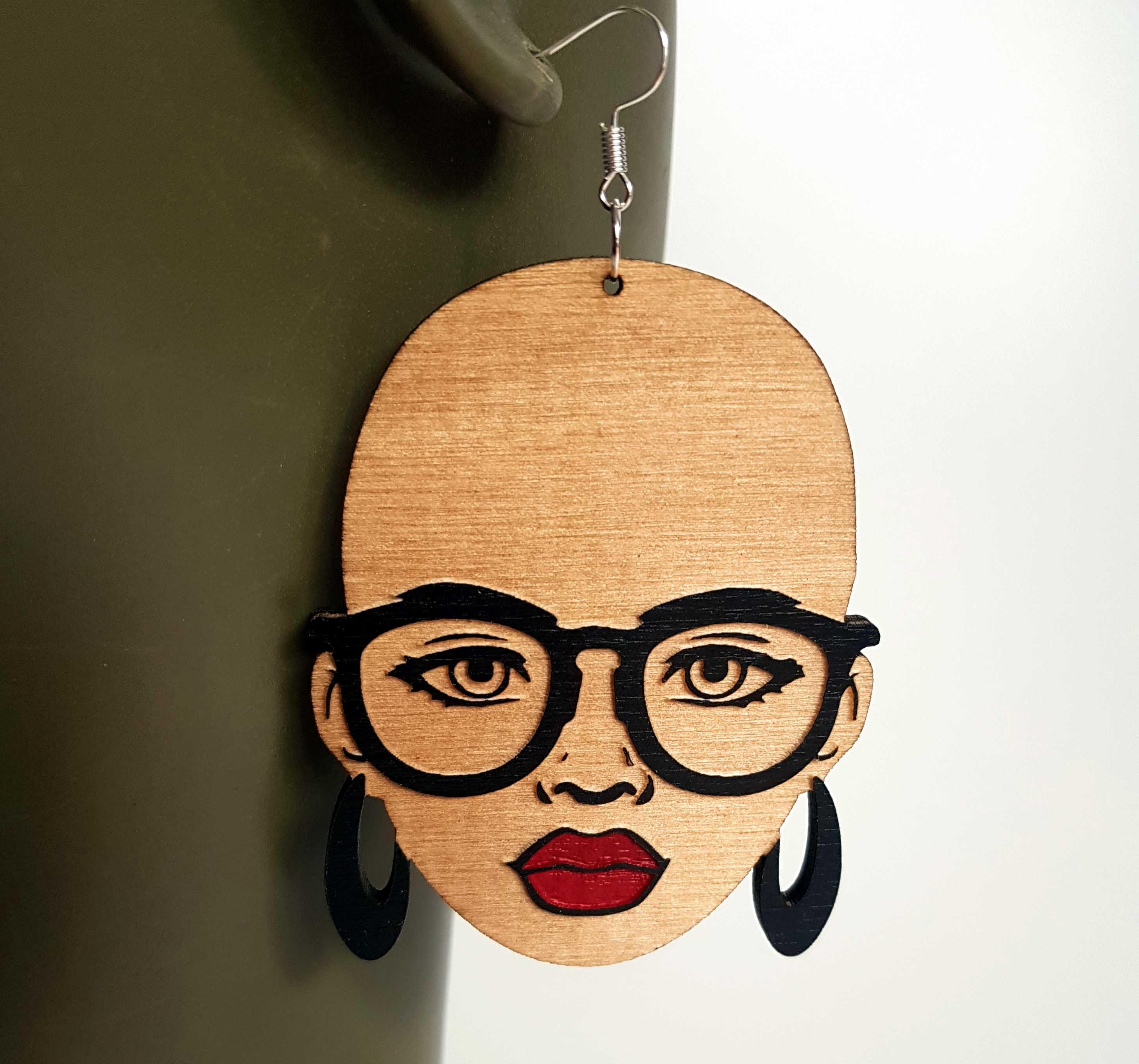 African earrings bald woman wooden and double sided Afrocentric jewelry with glasses and red lips in black