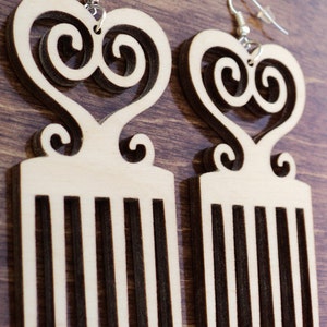 Natural wooden earrings laser cut Adinkra Sankofa pick comb plain birch