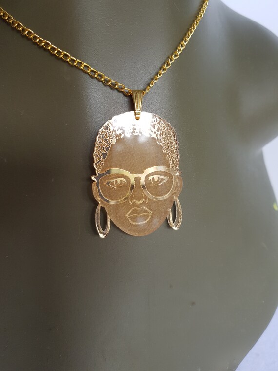 Afrocentric Necklace: Gold Mirror Acrylic Black Woman Pendant