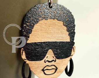 Wooden earrings afro twa woman in sunglasses African jewelry and double sided Afrocentric naturalista girl with natural hair many colors