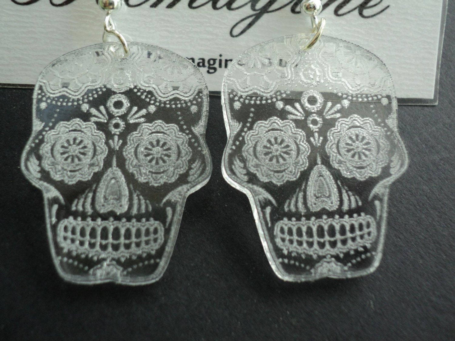 Laser cut and engraved clear acrylic earrings Sugar Skull Dia Etsy