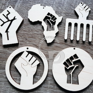10 pendientes de joyería con forma de puño africano de madera simple para hacer artesanías cortadas con láser, peine afro, silueta, calado para cabello natural, envío gratuito