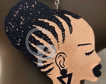 African woman Afro silhouette wooden engraved natural hair cornrows updo earrings black