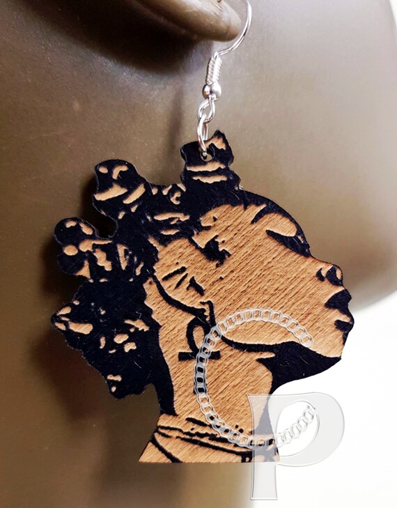 African earrings woman Afro silhouette wooden engraved natural hair Bantu  Knots black