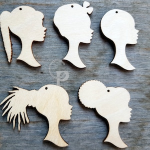 10 blanco vormen effen houten Afrika meisjespop natuurlijk haar voor sieraden oorbellen maken lasergesneden ambachten Afro-zijsilhouet onvoltooid