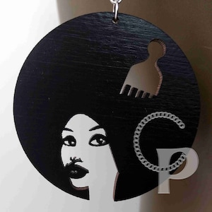 Wooden earrings African girl with Afro Natural hair, ethnic earrings
