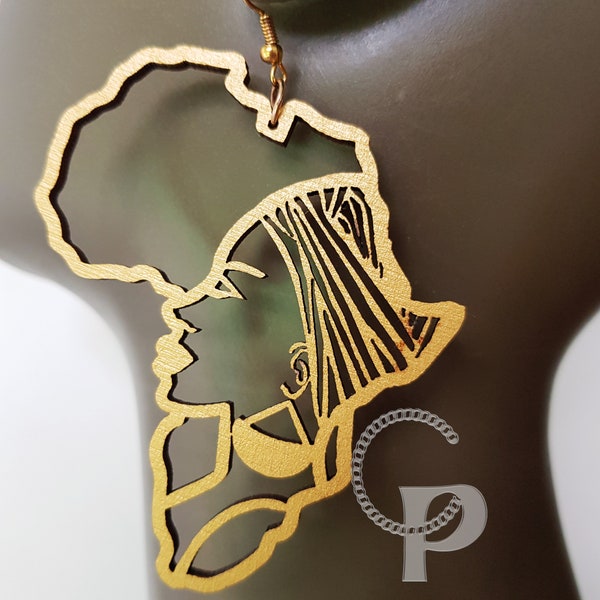 Africa map earrings natural wood tribal woman girl in gold silver black white