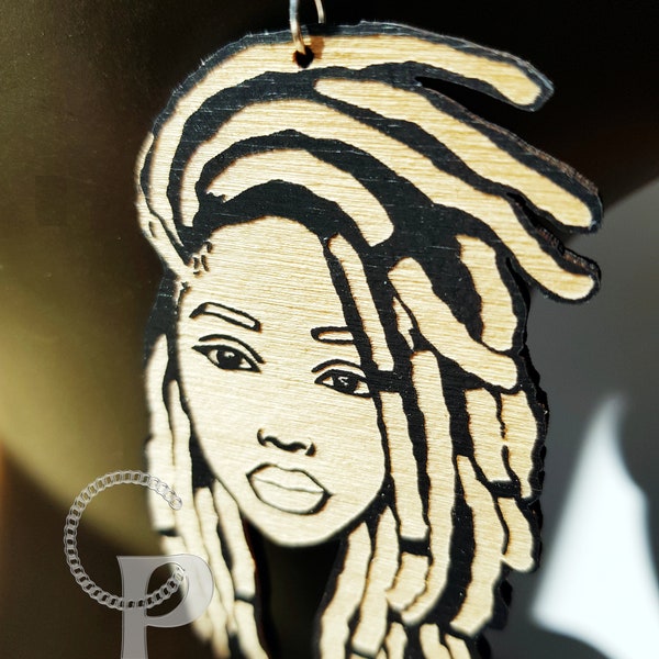 African earrings locs woman wooden and double sided Afrocentric jewelry with natural hair in black