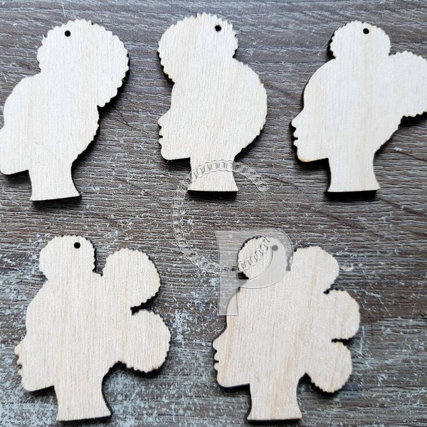 Wooden shapes African girl silhouettes 10 pieces natural hair jewelry earrings making laser cut crafts Afro puff unfinished Free postage