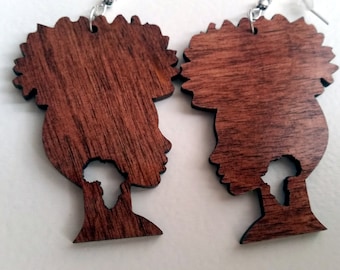 Beautiful laser cut wooden Afro silhouette earrings Africa earring deep mahogany