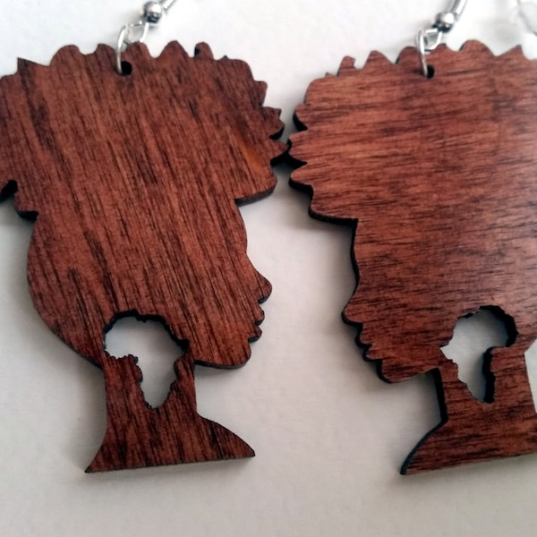 Beautiful laser cut wooden Afro silhouette earrings Africa earring deep mahogany