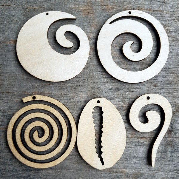 10x formes en bois pour bijoux, boucles d'oreilles faisant des ébauches, spirale, cauri