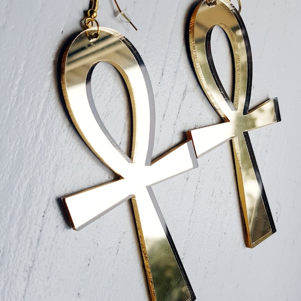 Ankh earrings in silver or gold mirror acrylic Africa Symbol Egyptian Cross