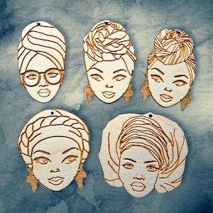 Wooden earrings making shapes African queen head wrap jewelry earrings making laser cut crafts turbanista silhouette unfinished