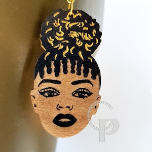 African earrings woman Afro puff silhouette wooden engraved natural hair earrings black and gold