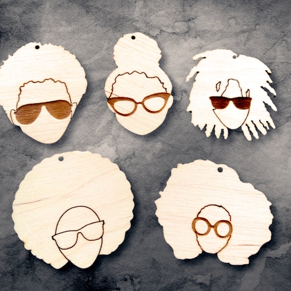 10  wooden shapes of African girl natural hair with engraved glasses jewelry earrings making for crafts Afro silhouette puff fro