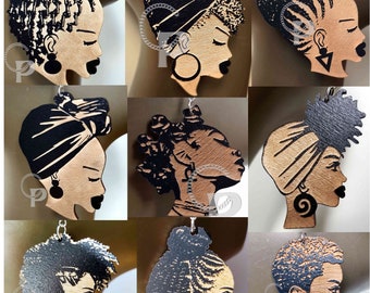 African earrings black woman Afro silhouette wooden engraved natural hair