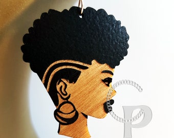 African earrings woman Afro silhouette wooden natural hair short curly undercut earrings black
