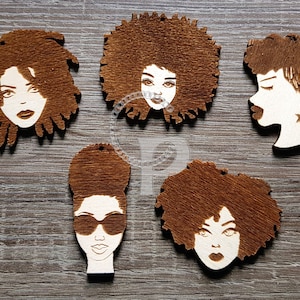 5 pares de cabelo africano de madeira simples, formas afro puffs, joias, brincos, artesanato cortado a laser, silhueta de Nefertiti inacabada, postagem gratuita