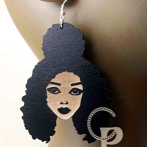 African woman Afro silhouette wooden engraved natural hair African woman half puff silhouette black