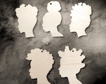 10 plain wooden Africa girl natural hair shapes jewelry earrings making laser cut crafts Afro side silhouette unfinished Free postage
