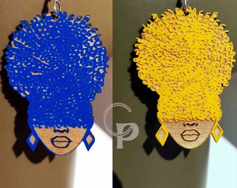 African queen earrings afro puff woman wooden and double sided Afrocentric jewelry naturalista girl with natural hair many colors