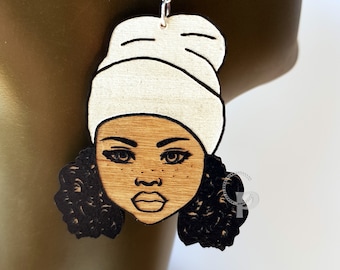 Wooden earrings black woman Afro silhouette wooden engraved natural hair girl with in a hat