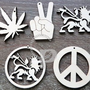 10 schlichte hölzerne Rastafari Symbole Formen Peace-Zeichen Löwe von Jehuda Unkraut Blatt Schmuck Rasta Ohrringe machen Laser-Cut-Handwerk Holzrohlinge