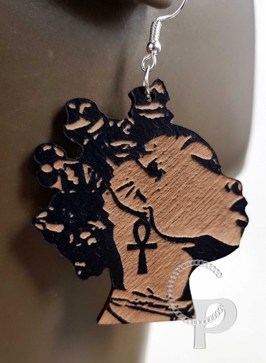 African Wood Earrings X 10 Afro Silhouette Wooden Engraved Natural Hair