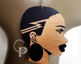 African earrings woman Afro silhouette wooden natural hair undercut earrings black