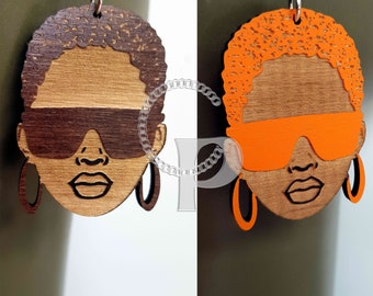 African queen earrings afro puff woman wooden and double sided Afrocentric jewelry naturalista girl with natural hair many colors