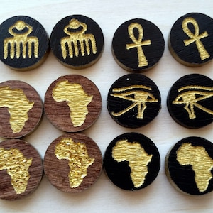 Kleine Holz Ohrstecker geätzt Afrika, Duafe, GyeNyame, Ankh schwarz und gold, Holz Ohrstecker