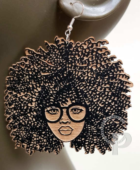 African woman sillhouette natural hair updo Afro locs wooden earrings large