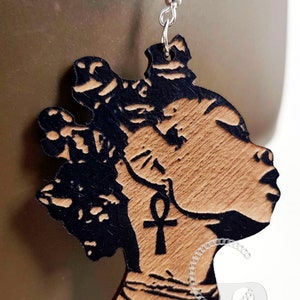African earrings woman Afro silhouette wooden engraved natural hair Bantu Knots black