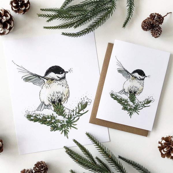 Holiday Winter Chickadee Greeting Card, Woodland 5"x7" Blank Card