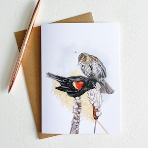 NOUVEAU ! Carte de voeux Merle à épaulettes rouges, carte vierge des bois 5 x 7 po.