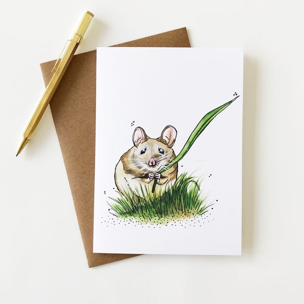 Field Mouse with Gift Greeting Card, Woodland, Blank Card, 5"x7"