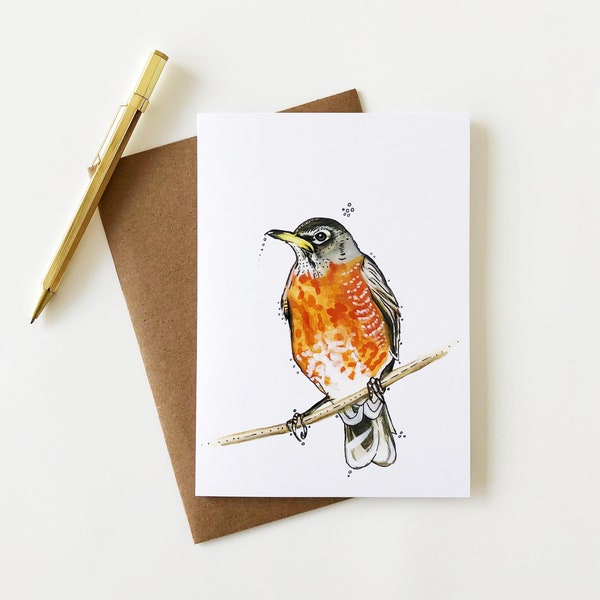 Robin on Branch Greeting Card, Bird, Woodland, Blank Card, 5"x7"
