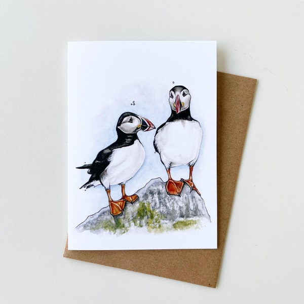 Puffin Love Greeting Card, Birds, Blank Cards, 5"x7", Kelly Dixon Art