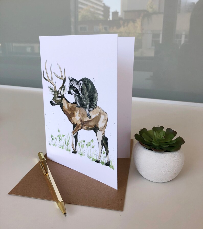 Greeting Card Deer Raccoon Mistaken for Strangers Blank Card Woodland 5x7