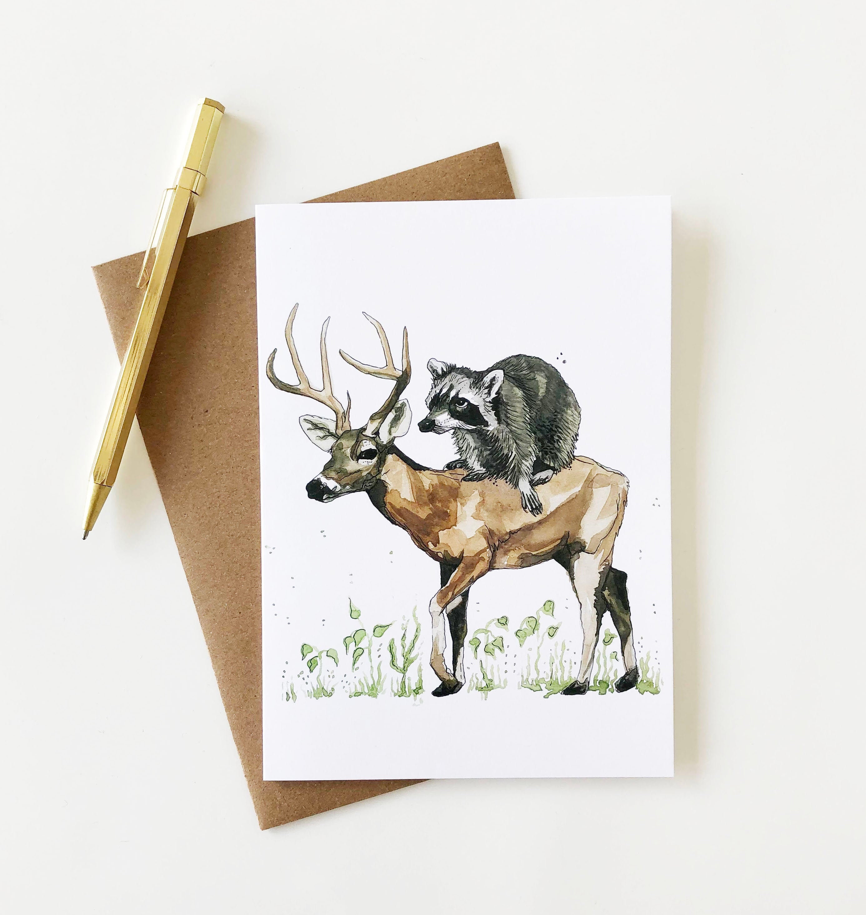 Greeting Card Deer Raccoon Mistaken for Strangers Blank Card Woodland 5x7